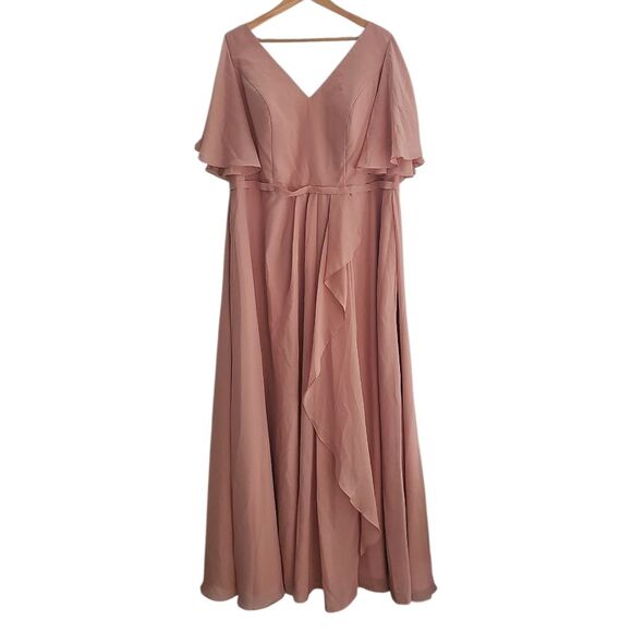 NWT Rose Pink Flutter Sleeve Maxi Dress Sz 22 Front Slit Elegant Formal Gown - Picture 1 of 12